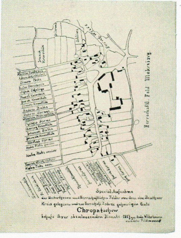Ein detaillierter alter Stadtplan von Chropatschow, Deutschland, der Straßen, Gebäude, Sehenswürdigkeiten und Text mit Informationen über die Bevölkerung und wichtige Merkmale zeigt.