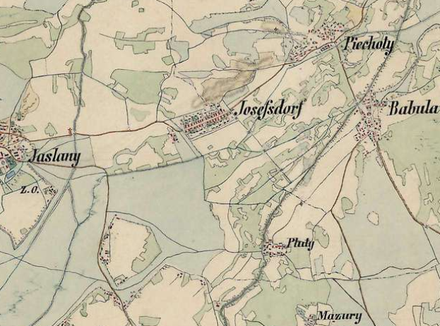 Ein detaillierter alter Stadtplan von Jossefsdorf mit Straßen, Gebäuden und Sehenswürdigkeiten mit Textangaben zur Lage der Stadt.