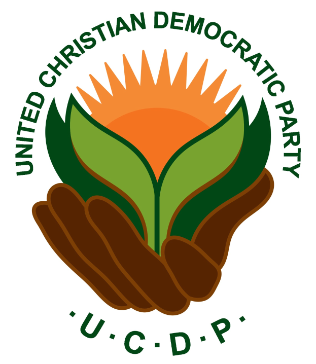 Logo der Vereinigte Christdemokratische Partei (UCDP) mit einer Hand, die eine leuchtend gelbe Blume mit grünem Stiel und Blättern hält, vor einem weißen Hintergrund mit einem blauen und gelben Kreis. Der Text 'UCDP' ist in fetter schwarzer Schrift darunter geschrieben.