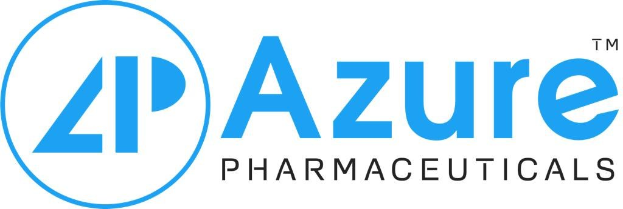 Logo von Azure Pharmaceuticals: fettes schwarzes Unternehmensnamen in einem blauen Kreis mit weißer Umrandung auf weißem Hintergrund.