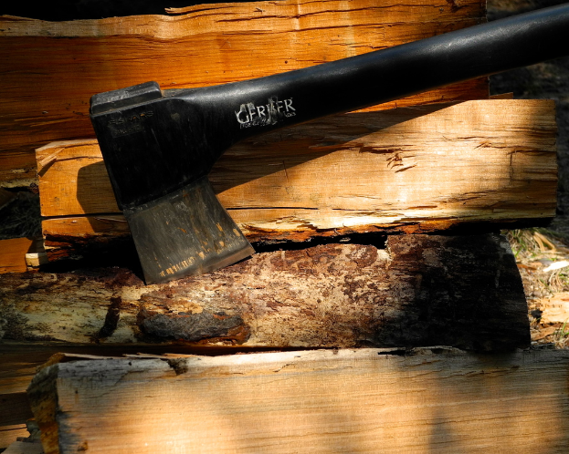 Eine schwarze Axt und mehrere Holzstücke sind auf einer Oberfläche zu sehen.