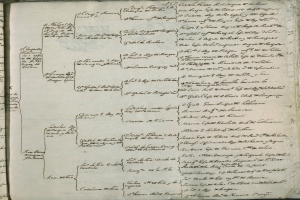 Ein aufgeschlagenes Buch mit einem detaillierten genealogischen Diagramm, das Namen und Beziehungen von Familienmitgliedern zeigt, unterteilt in Abschnitte und Unterabschnitte.