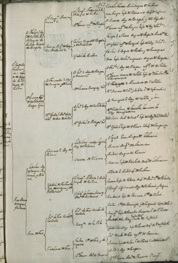 Ein aufgeschlagenes Buch mit einem detaillierten genealogischen Diagramm, das Namen und Beziehungen von Familienmitgliedern zeigt, unterteilt in Abschnitte und Unterabschnitte.