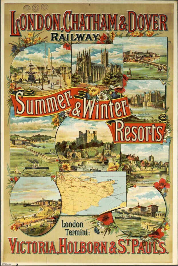 Plakatwerbung für London, Chatham und Dover Railway's Sommer- und Winterresorts, zeigt Bilder von Gebäuden, Bäumen, Blumen, einer Karte und beschreibenden Text.