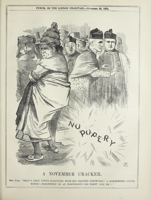 Eine Broschüre mit dem Titel "Ein November-Knaller - Punch, oder die Londoner Charivari - 28. November 1874", die eine feiernde Gruppe von Menschen in einer Zeichnung mit einem dekorativen Rahmen zeigt.