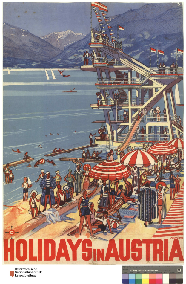 Plakat, das Urlaube in Österreich bewirbt, zeigt Menschen am Strand mit Schirmen, einem Schiff, Fahnen und fernen Bergen.