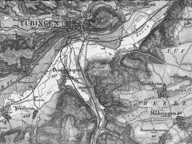 Eine schwarz-weiße topografische Karte von Tübingen mit detaillierten Flächenansichten und Textbeschriftungen.