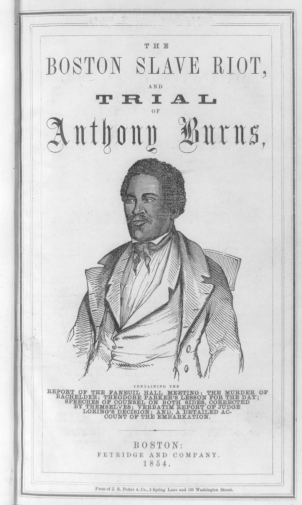 Ein Plakat mit einer Person in einem Anzug mit entschlossener Miene, mit der Aufschrift "Der Bostoner Sklavenaufstand, Prozess gegen Anthony Burns" in fetter schwarzer Schrift umgeben von einem weißen Rand.