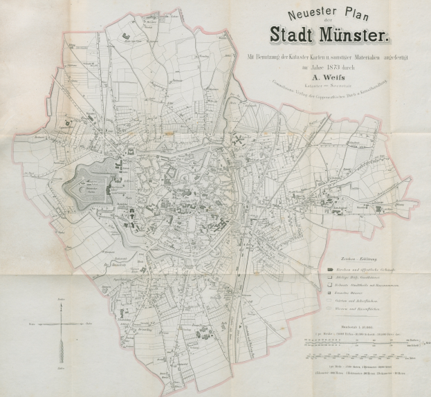 Ein detaillierter Stadtplan von Stadt Münster, Deutschland aus dem Jahr 1873 mit Text, der einen Überblick über das Gebiet gibt.