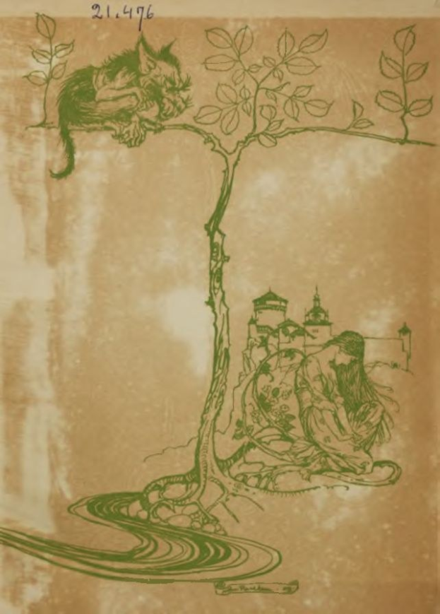 Eine Zeichnung eines grünen Baums mit einer Katze, die auf einem Ast sitzt und nach oben schaut, und geschwungene Schrift auf dem Papier.