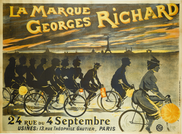 Plakat, das ein Fahrradrennen in Paris ankündigt, mit Radfahrern und dem Eiffelturm im Hintergrund, einschließlich Text auf dem Plakat.