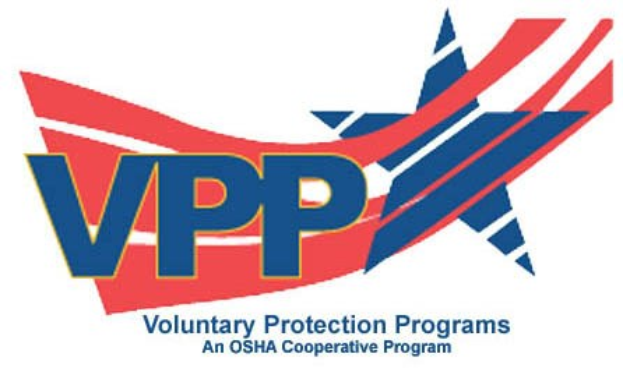 Plakat mit der Überschrift "Voluntary Protection Programs: An OSHA Cooperative Program" und einem Schild-Stern-Logo auf weißem Hintergrund.