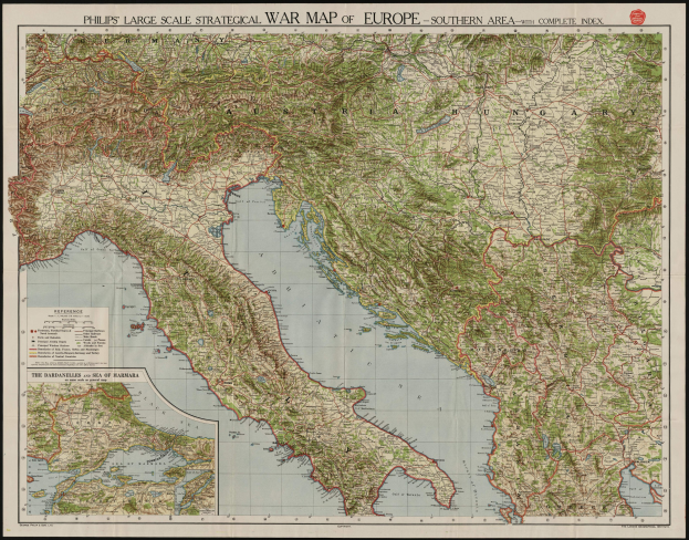 Ein detailliertes strategisches Kriegs-Kartenmaterial von Europa, umgeben von einem schwarzen Rand, das verschiedene Länder und Regionen während des Krieges zeigt.