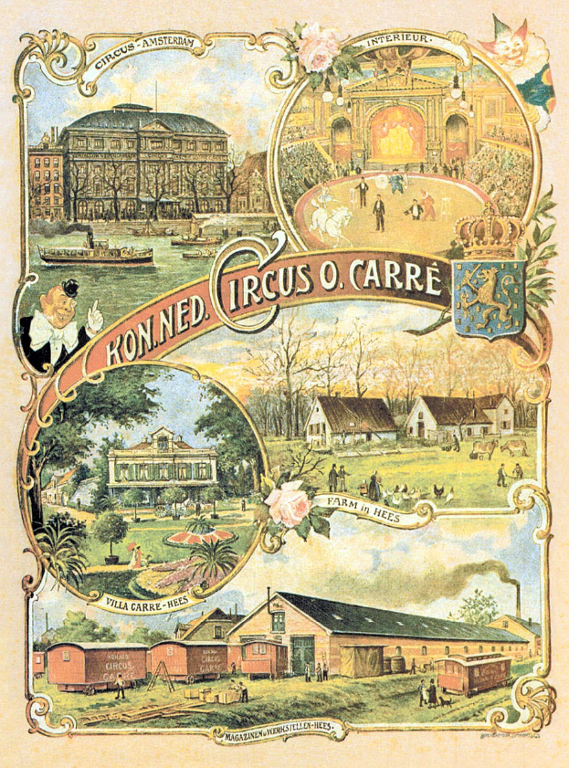 Ein farbenfrohes Zirkusposter in einer Stadtkulisse, das farbenfrohe Gebäude, Bäume, Menschen, Tiere und Text mit detaillierten Elementen zeigt.