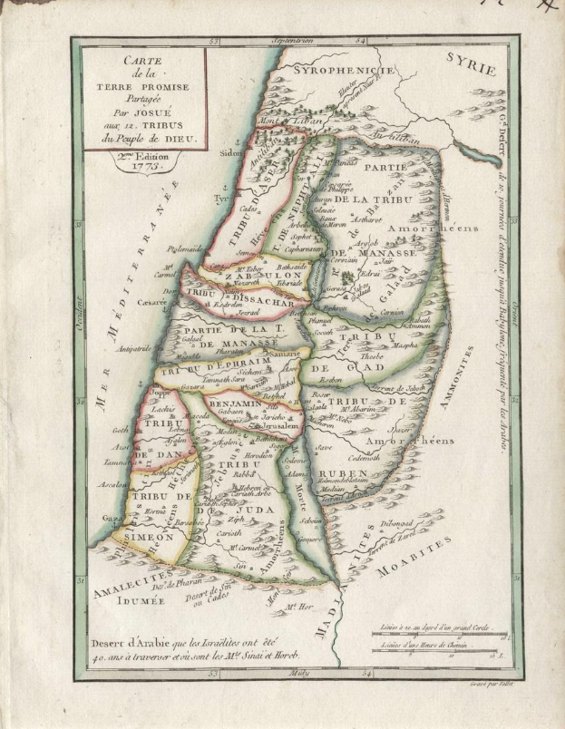 Altes Buch mit detaillierter Karte des Nahen Ostens und Israels mit begleitendem Text.