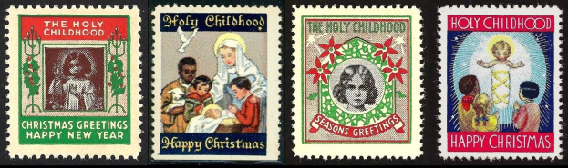 Vier USPS-Weihnachtsmarken mit dem Titel "Heiliger Kindheit" und "Frohe Weihnachten", die eine Gruppe von Menschen vor einem schwarzen Hintergrund zeigen.