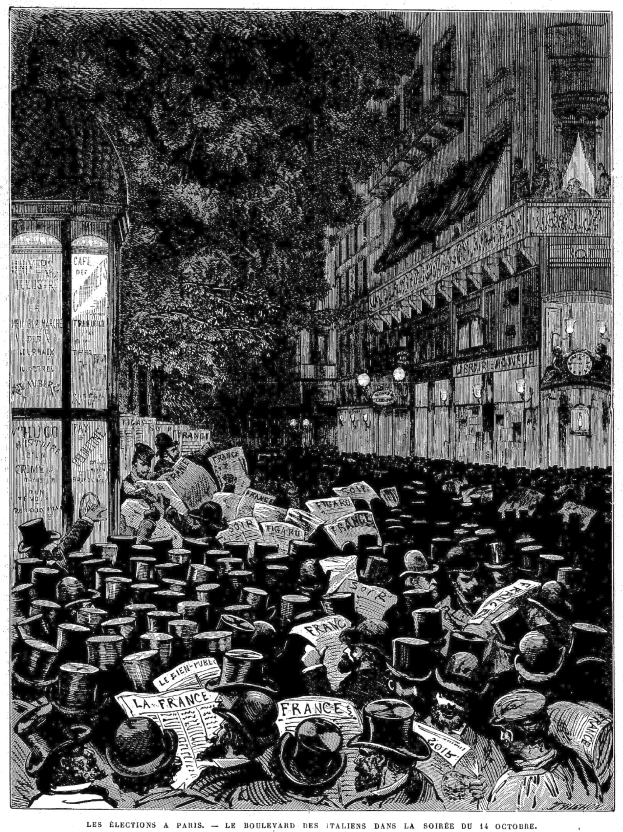 Schwarz-weiß-Illustration einer Menschenmenge auf einer Pariser Straße an einem Abend im Oktober 1885, mit einem Gebäude auf der rechten Seite und einem Baum im Hintergrund.