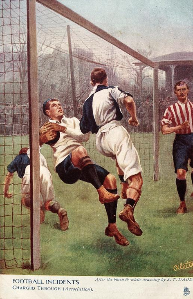Ein Gemälde von Männern, die Fußball auf einem Feld mit einem Netz, Bäumen, einem Gebäude und einem klaren blauen Himmel im Hintergrund spielen, mit der Beschriftung "Fußballvorfälle durch Verband veranlasst" unten.