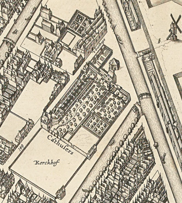 Ein detailliertes altes Stadtplan von Köln, Deutschland, mit Straßen, Gebäuden, einer Windmühle und verschiedenen Sehenswürdigkeiten mit Textbeschriftungen.