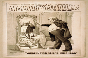 Plakat mit einem Mann vor einem Spiegel mit einem Stuhl und einer Pflanze dahinter, Text lautet "Eine schuldige Mutter - Du bist in deiner zweiten Kindheit."