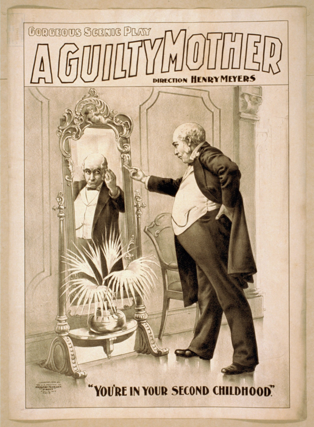 Plakat mit einem Mann vor einem Spiegel mit einem Stuhl und einer Pflanze dahinter, Text lautet "Eine schuldige Mutter - Du bist in deiner zweiten Kindheit."