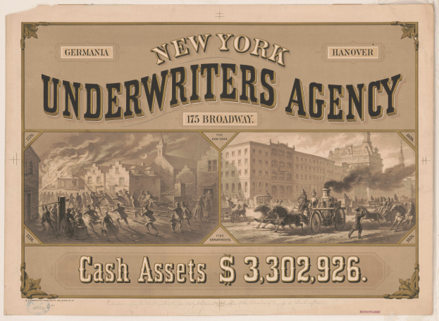 Ein altes Werbeplakat für die New York Underwriters Agency, das Text und Bilder von Menschen, Pferden und Gebäuden zeigt.