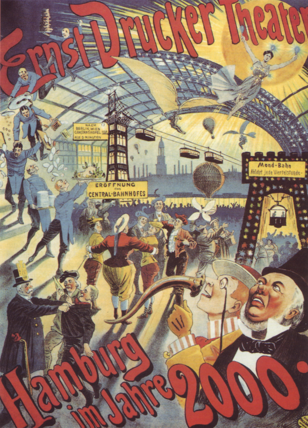 Ein Plakat für das Ernst-Drucker-Theater in Hamburg, Deutschland, das eine Gruppe von Menschen und den Text 'Hamburg im Jahre 2000' zeigt.