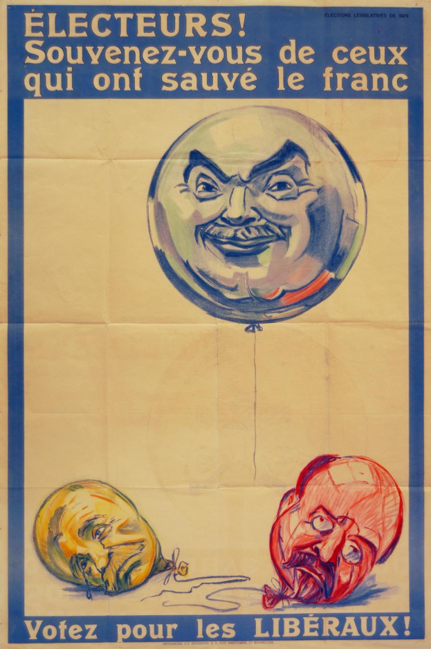 Ein französischer Wahlplakat aus den 1920er Jahren mit einem Mann, der einen Ballon hält, und Text, der die Wähler daran erinnert, wer Frankreich gerettet hat.
