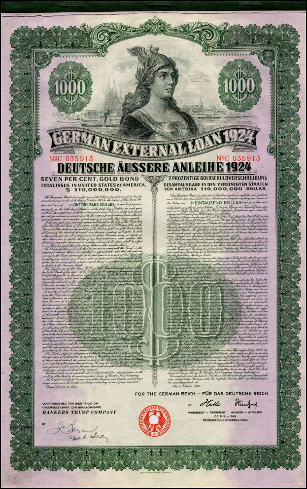 Ein alter deutscher Auslandsanleihe von 1924 mit einer Frauendarstellung, mit Text und Zahlen zur Angabe des Nennwerts.
