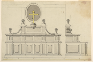 Eine detaillierte Zeichnung eines Kirchenaltars mit einem Kreuz darauf, verziert mit kunstvollen Designs, auf einem Blatt Papier.