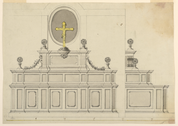 Eine detaillierte Zeichnung eines Kirchenaltars mit einem Kreuz darauf, verziert mit kunstvollen Designs, auf einem Blatt Papier.