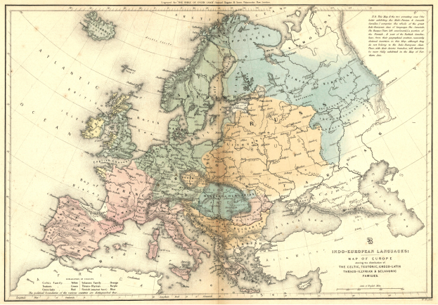 Eine alte Europa-Karte, die das Ausmaß des Römischen Reichs und die Verbreitung der indoeuropäischen Sprachen zeigt, mit begleitendem Text zu den Sprachen in jedem Gebiet.