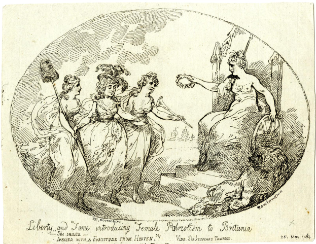 Eine Zeichnung einer Gruppe von Frauen, die auf einer Bank sitzen, wobei eine eine Gegenstand hält, und ein Text unten mit der Aufschrift "Liberty and Fame Introducing Female Palmetto to Britain".