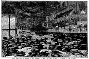 Schwarze und weiße Illustration einer belebten Pariser Straße am Abend des 16. Oktober 1885 mit einem Gebäude auf der rechten Seite und einem Baum im Hintergrund, mit Text unten.