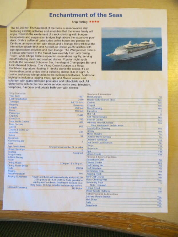 Ein Prospekt mit Informationen, Namen und Zahlen neben einem Bild eines Schiffs auf dem Meer, betitelt mit "Enchantment of the Seas".