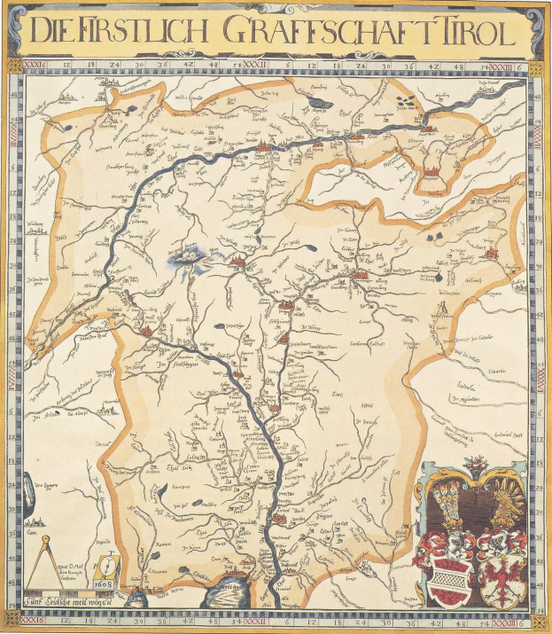 Ein detailliertes historisches Plakat der ersten deutschen Grafschaft Tirol-Karte, das geographische Merkmale wie Fl"usse, Berge und St"adte sowie begleitenden Text zeigt.