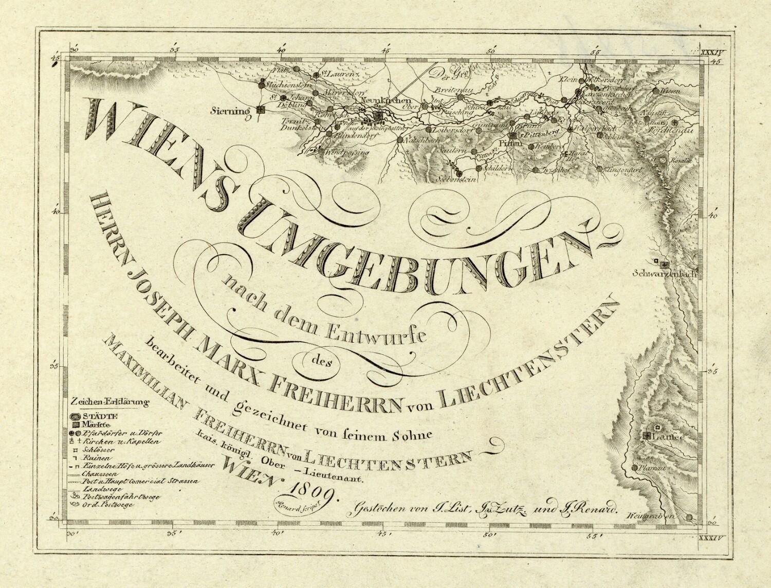 Detailierte alte Karte von Wien, Deutschland, zeigt geografische Merkmale, Städte, Ortschaften und Textanmerkungen zur Bevölkerung, Straßen und Sehenswürdigkeiten.