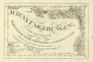 Detailierte alte Karte von Wien, Deutschland, zeigt geografische Merkmale, Städte, Ortschaften und Textanmerkungen zur Bevölkerung, Straßen und Sehenswürdigkeiten.