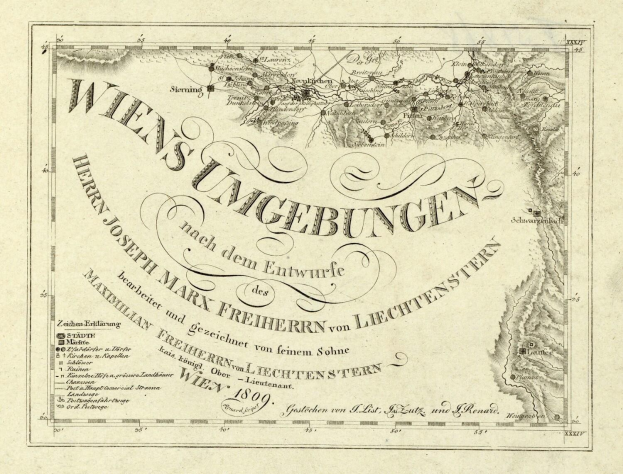 Detailierte alte Karte von Wien, Deutschland, zeigt geografische Merkmale, Städte, Ortschaften und Textanmerkungen zur Bevölkerung, Straßen und Sehenswürdigkeiten.