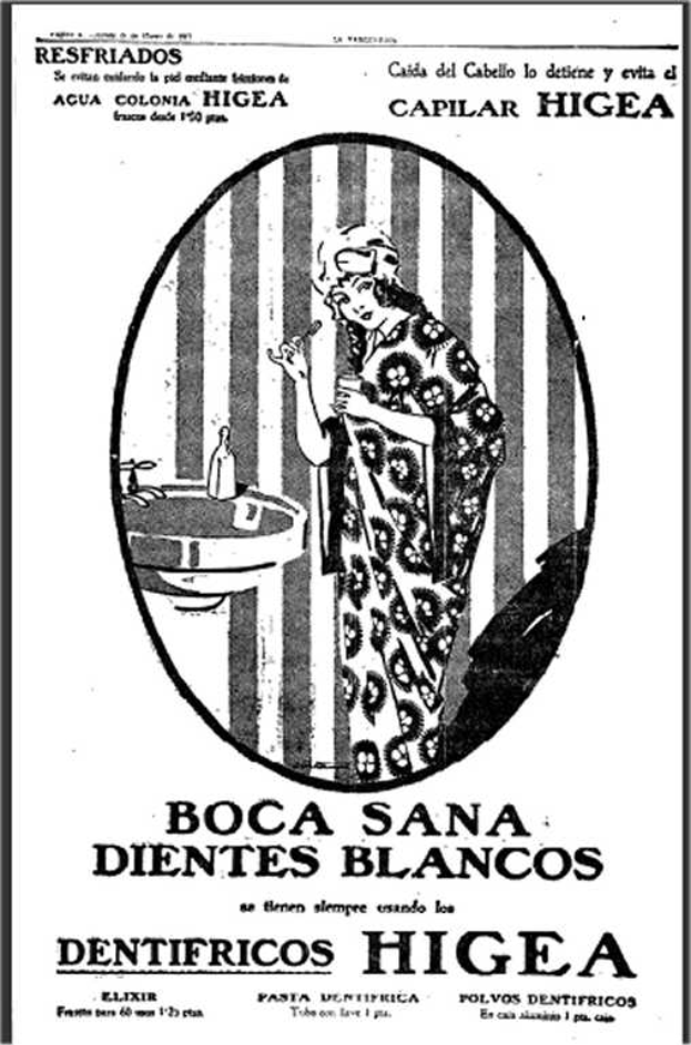Eine Frau in einem Kimono steht vor einem Waschbecken und hält eine Flasche in der Hand, mit dem Text "Boca Sana Dientes Blancos Dentifricos Higea".