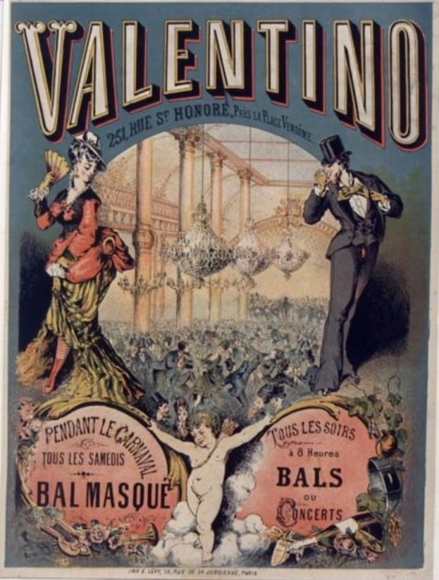 Ein Plakat für eine Valentinstagsparty in Paris, das einen Mann in Zylinder und eine Frau in einem langen Kleid zeigt, mit Textbeschreibung.