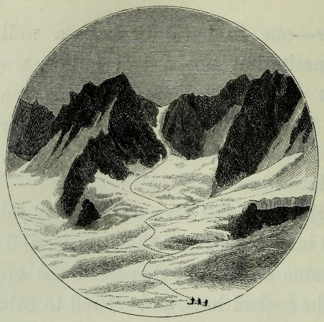 Eine Schwarzweiß-Radierung von einer schneebedeckten Bergkette mit einem Fluss darunter, unter einem klaren Himmel, mit dem Text "Alpine Skiing in Switzerland" unten.