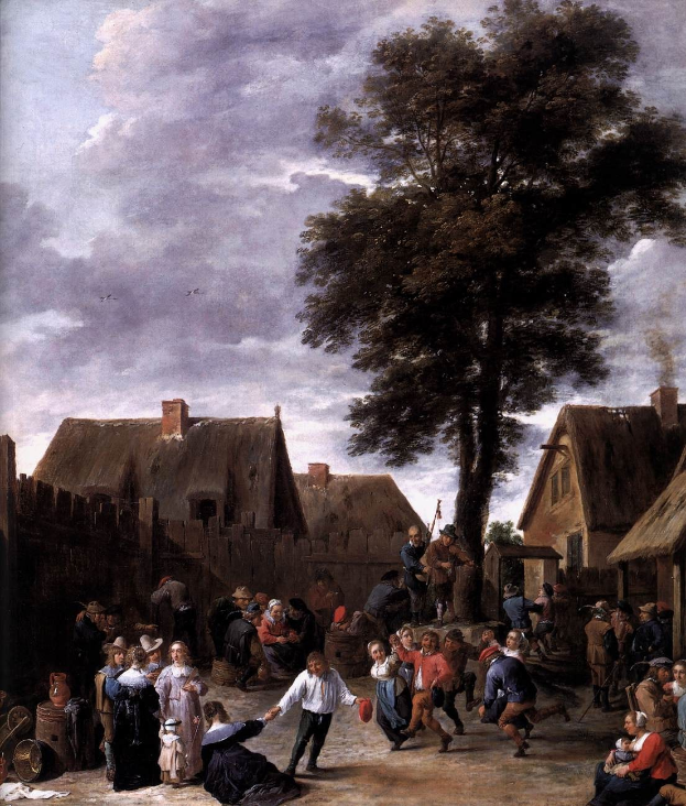 Gemälde mit dem Titel "Der Tanz im Dorf" von Jan Brueghel dem Jüngeren, das einen Dorfplatz mit Menschen, Häusern, Bäumen, einem hölzernen Zaun, bewölktem Himmel und fliegenden Vögeln zeigt.