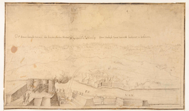 Ein detailliertes Bild der Belagerung von Düsseldorf, das eine Stadt mit einer Burg im Hintergrund zeigt, auf einem Blatt Papier mit beschreibendem Text.
