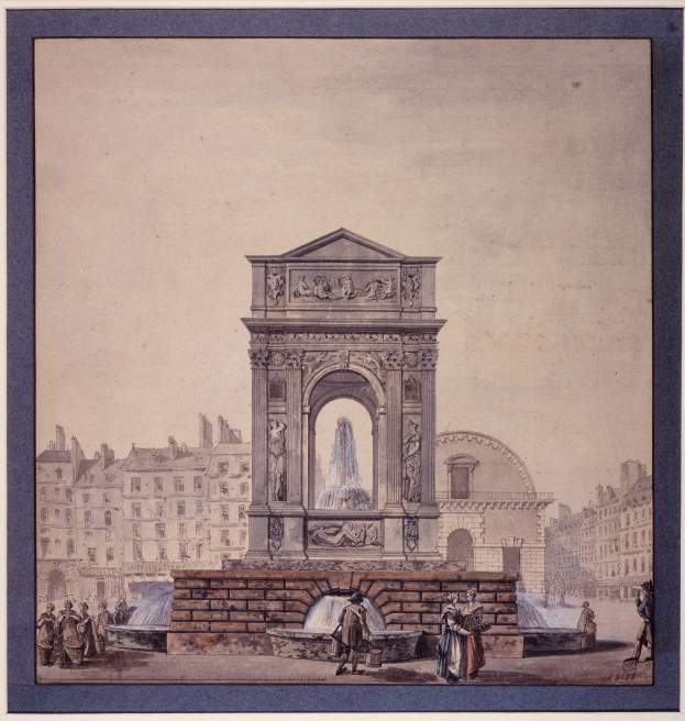 Eine Zeichnung eines Brunnens in einer städtischen Umgebung, eingerahmt wie ein klassisches Foto, mit umgebenen Gebäuden und Menschen.