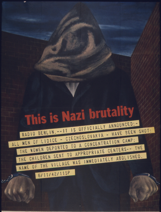 Eine Person in einer schwarzen Kapuzenjacke und Maske mit entschlossener Miene steht auf einem Plakat mit der fetten weißen Schrift "Das ist Nazi-Brutalität."