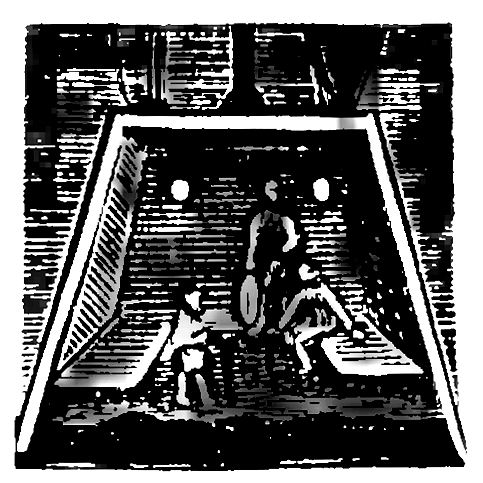 Eine Schwarz-Weiß-Zeichnung eines Fußballspiels im Gange, mit zwei Spielern in der Mitte, einem im Vordergrund und dem anderen im Hintergrund, die Fußballtrikots tragen, und ein Torpfosten in der Ecke sichtbar ist.