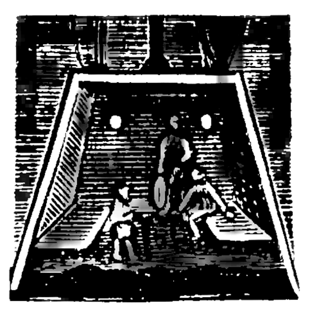 Eine Schwarz-Weiß-Zeichnung eines Fußballspiels im Gange, mit zwei Spielern in der Mitte, einem im Vordergrund und dem anderen im Hintergrund, die Fußballtrikots tragen, und ein Torpfosten in der Ecke sichtbar ist.