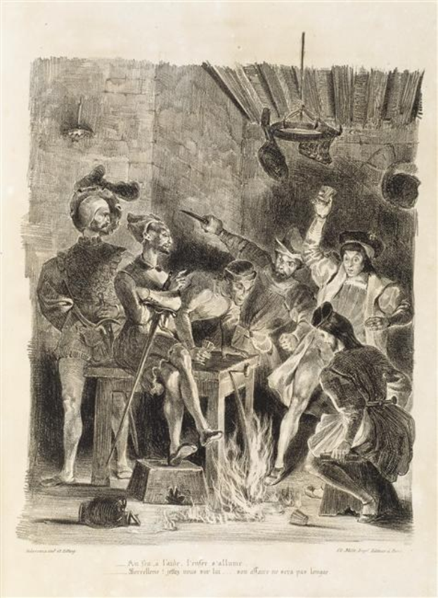 Schwarze und weiße Gravur, die eine besorgte Gruppe von Menschen zeigt, die sich um ein Feuer scharen, wobei einige auf dem Boden liegen und andere stehen, vor einer Wand; Text unten lautet "Der Tod des Königs von England."