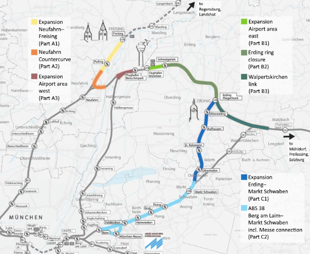 Eine detaillierte Karte einer Stadt mit einer hervorgehobenen Bahnroute von München nach Frankfurt, einschließlich Haltestellen und Umgebung, mit Text, der Bahn- und Routeninformationen bereitstellt.